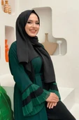 Kol ve Etek Ucu İki Renkli Bel Kuşaklı Piliseli Abaya 7454 Zümrüt - 8