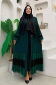 Kol ve Etek Ucu İki Renkli Bel Kuşaklı Piliseli Abaya 7454 Zümrüt - 1