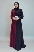 İki Renkli Şifon Bel Kemer Aksesuarlı Abiye Elbise 3806 Bordo thumbnail 4