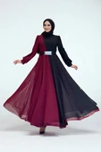 İki Renkli Şifon Bel Kemer Aksesuarlı Abiye Elbise 3806 Bordo thumbnail 1