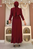 Ön Zincir Püskül Detay Balık Model Abiye Elbise 3810 Bordo thumbnail 4