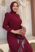 Ön Zincir Püskül Detay Balık Model Abiye Elbise 3810 Bordo thumbnail 3