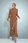 Ön Zincir Püskül Detay Balık Model Abiye Elbise 3810 Taba thumbnail 1