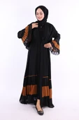 Kol ve Etek Ucu İki Renkli Bel Kuşaklı Piliseli Abaya 7454 Siyah-Taba thumbnail 1