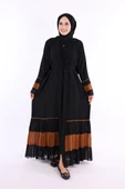 Kol ve Etek Ucu İki Renkli Bel Kuşaklı Piliseli Abaya 7454 Siyah-Taba thumbnail 2