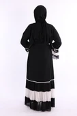 Kol ve Etek Ucu İki Renkli Bel Kuşaklı Piliseli Abaya 7454 Siyah-Beyaz thumbnail 2