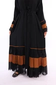 Kol ve Etek Ucu İki Renkli Bel Kuşaklı Piliseli Abaya 7454 Siyah-Taba thumbnail 4