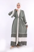 Kol ve Etek Ucu İki Renkli Bel Kuşaklı Piliseli Abaya 7454 Mint - 1