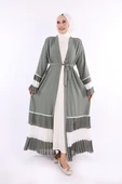 Kol ve Etek Ucu İki Renkli Bel Kuşaklı Piliseli Abaya 7454 Mint - 3
