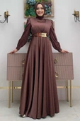 Göğüs Kısmı Kat Şerit Detay Bel Kemer Aksesuarlı Abiye Elbise 3792 Kahverengi thumbnail 1
