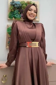 Göğüs Kısmı Kat Şerit Detay Bel Kemer Aksesuarlı Abiye Elbise 3792 Kahverengi thumbnail 4