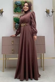 Göğüs Kısmı Kat Şerit Detay Bel Kemer Aksesuarlı Abiye Elbise 3792 Kahverengi thumbnail 2