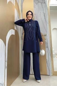 Taş Baskı Desenli Tunik Pantolon Takım 8447 Lacivert thumbnail 1