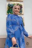 Yaprak Desen Fırfır Detay Şifon Elbise 3842 Mavi - 7