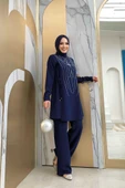 Taş Baskı Desenli Tunik Pantolon Takım 8447 Lacivert thumbnail 2