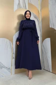 Taş İşlemeli Kuşaklı Elbise 3830 Lacivert - 2