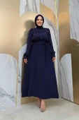 Taş İşlemeli Kuşaklı Elbise 3830 Lacivert - 1