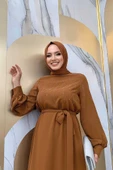 Taş İşlemeli Kuşaklı Elbise 3830 Taba - 7
