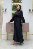 Taş İşlemeli Kuşaklı Elbise 3830 Siyah - 3