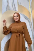 Taş İşlemeli Kuşaklı Elbise 3830 Taba - 8