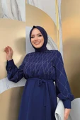 Taş İşlemeli Kuşaklı Elbise 3830 Lacivert - 8