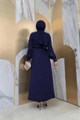 Taş İşlemeli Kuşaklı Elbise 3830 Lacivert - 5