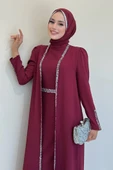 Taş İşleme Detaylı Yelekli Elbise Takım 3838 Bordo thumbnail 2