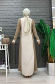İki Renkli Taş Baskılı Elbise 3848 Vizon - 4