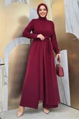 Şifon Pelerin Detay Bel Kuşaklı Tulum 3330 Bordo thumbnail 1