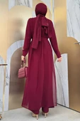 Şifon Pelerin Detay Bel Kuşaklı Tulum 3330 Bordo thumbnail 2