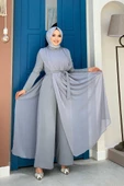 Şifon Pelerin Detay Bel Kuşaklı Tulum 3330 Gri - 1
