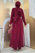 Şifon Pelerin Detay Bel Kuşaklı Tulum 3330 Bordo thumbnail 6
