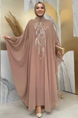 Pul Payet İşlemeli Şifon Pelerinli Elbiseli Abiye Takım 3774 Vizon - 1