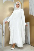 Kapişonlu Belirli Kısımları Fırfır Detaylı Abayalı Elbise Takım 3778 Ekru thumbnail 2