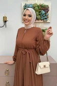 Fermuarlı Kol Manşetleri Lastikli Fırfırlı Elbise 6001 Taba - 8