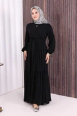 Fermuarlı Kol Manşetleri Lastikli Fırfırlı Elbise 6001 Siyah thumbnail 2