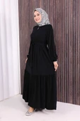 Fermuarlı Kol Manşetleri Lastikli Fırfırlı Elbise 6001 Siyah thumbnail 3