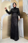 Kemer Aksesuarlı Pul Payet Balık Abiye Elbise 3858 Siyah - 1