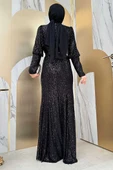 Kemer Aksesuarlı Pul Payet Balık Abiye Elbise 3858 Siyah - 6