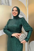 Kemer Aksesuarlı Pul Payet Balık Abiye Elbise 3858 Zümrüt - 7