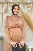 Etek Püskül Detay Kemer Aksesuarlı Saten Abiye Elbise 3763 Taba thumbnail 4