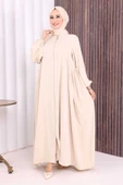 Oval Büzgülü Kol Manşetleri Lastikli Fermuarlı Tam Boy Ferace 6005 Bej thumbnail 2