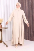 Oval Büzgülü Kol Manşetleri Lastikli Fermuarlı Tam Boy Ferace 6005 Bej thumbnail 3