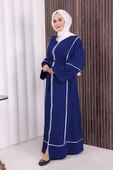 Çizgi Desenli Önü Boydan Fermuarlı Bel Kuşaklı Ferace 7885 Lacivert thumbnail 3