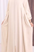 Oval Büzgülü Kol Manşetleri Lastikli Fermuarlı Tam Boy Ferace 6005 Bej thumbnail 7