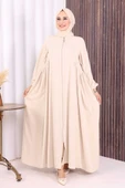 Oval Büzgülü Kol Manşetleri Lastikli Fermuarlı Tam Boy Ferace 6005 Bej thumbnail 1