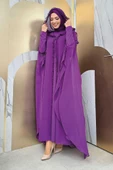 Kapişonlu Belirli Kısımları Fırfır Detaylı Abayalı Elbise Takım 3778 Mor thumbnail 2