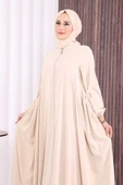 Oval Büzgülü Kol Manşetleri Lastikli Fermuarlı Tam Boy Ferace 6005 Bej thumbnail 6