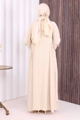 Oval Büzgülü Kol Manşetleri Lastikli Fermuarlı Tam Boy Ferace 6005 Bej thumbnail 5