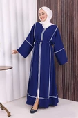 Çizgi Desenli Önü Boydan Fermuarlı Bel Kuşaklı Ferace 7885 Lacivert thumbnail 2
